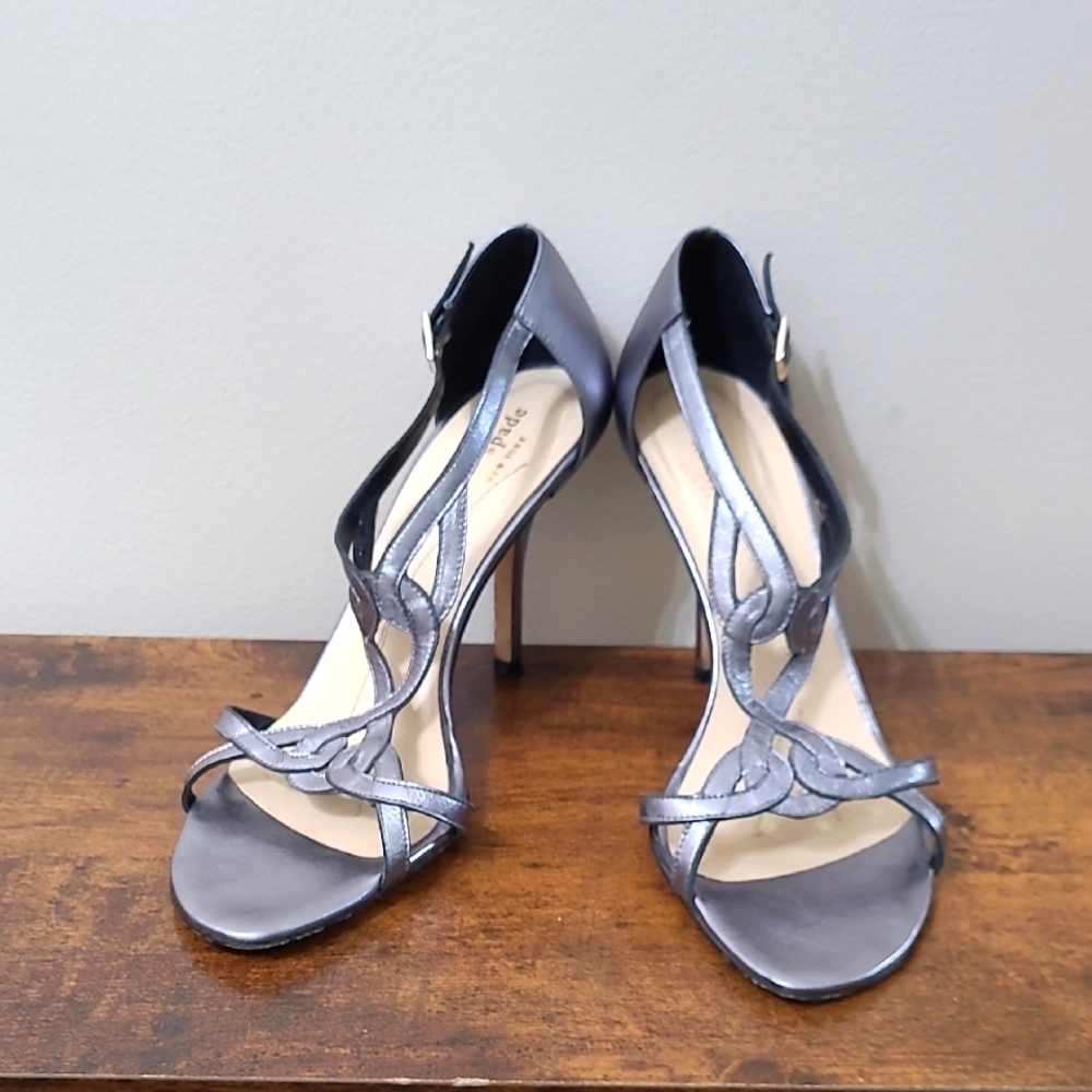 Kate Spade Metallic Silvery Grey Strappy Heeled Sandals size 8.5.